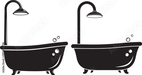 Two freestanding bathtub with shower icon set, vintage design with claw feet and bubbles.