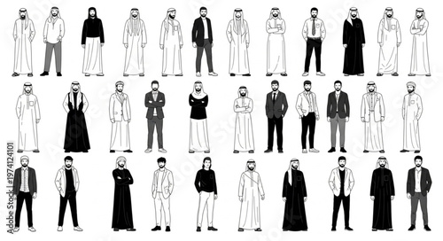 Diverse group of men in traditional Middle Eastern attire.