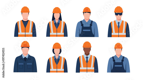 Diverse Construction and Industrial Worker Avatars in Hard Hats and Safety Vests