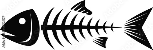 Stylized black fish skeleton silhouette icon with bold graphic design, perfect for seafood branding, fishing industry, marine conservation, minimalist artwork, or aquatic theme illustration.
