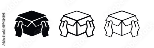 Delivery box opening icon set for unpacking, logistics, and retail operations.