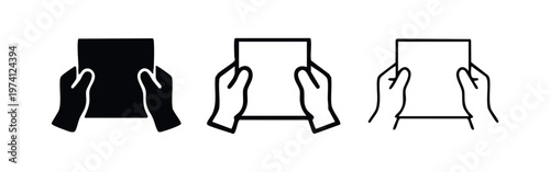 Hands holding document icon set. Important paper or note symbol. Information and data concept vector illustration.