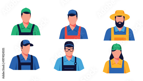 Flat design worker avatars set. Diverse manual labor professions including farmer, mechanic, technician, and general workers in uniform.