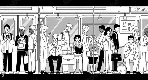 Diverse group of people commuting on a crowded subway train.