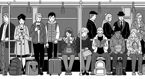 Diverse group of people commuting on a crowded subway train.