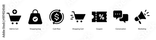 E-Commerce Essentials web banner icon vector illustration featuring Add to Cart, Shopping Bag, Cash Flow, Shopping Cart, Coupon, Conversation, and Marketing.