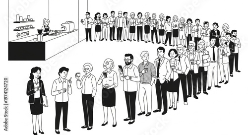 Diverse group of people in a long queue at a counter.