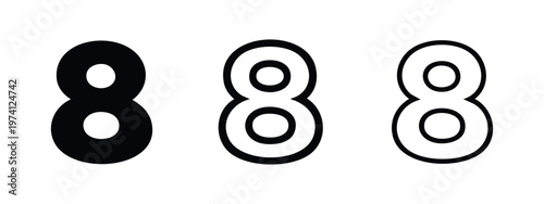 Digit eight symbol in solid and outline variations, ideal for numerical representation and user interface design.