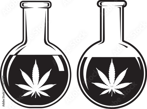 two round bottom flasks with cannabis leaf symbol inside liquid.