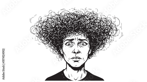 A black white monochrome comic art stressed person messy hair looking shocked and overwhelmed