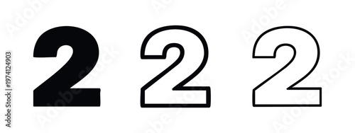 Collection of number 2 icons in solid, bold outline, and thin outline styles, ideal for educational content.
