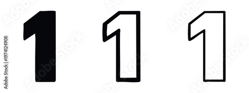Number 1 icons in various styles: filled, bold outline, and thin line, minimalist vector design.
