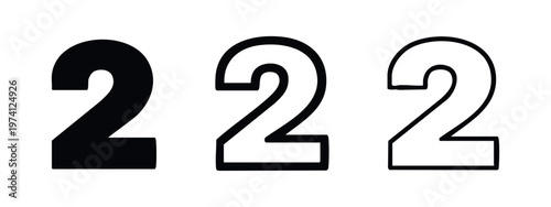 Set of number 2 icons in solid and outlined styles, versatile vector illustration for various uses.