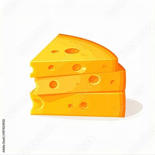 Stack of cartoon Swiss cheese wedges illustration in yellow and orange tones showcasing classic cartoon style and bright saturated colors on a white backdrop
