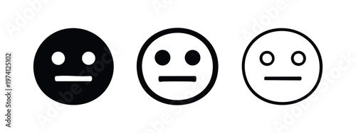 Neutral face emoji icons set. Emotionless cartoon face with flat mouth and wide eyes. Vector illustration.