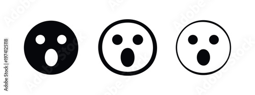 Surprised or shocked face emoji icons set. Expressive cartoon face with open mouth and wide eyes. Vector illustration.