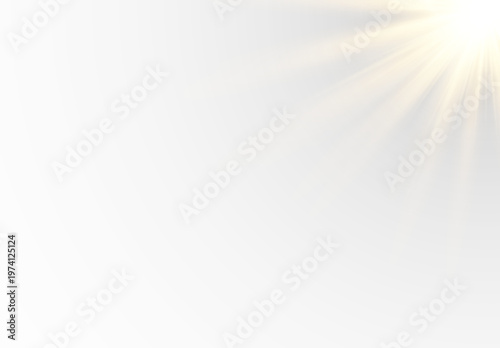 Golden sun rays in the corner on white background, sunlight flare effect