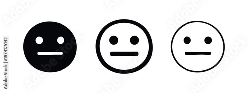Neutral face emoji icons set. Emotionless cartoon face with flat mouth and wide eyes. Vector illustration.