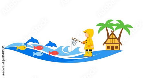 Boy fishing by the sea with tropical scenery on transparent background silhouette