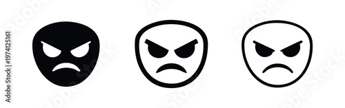 Angry or mad face emoji icons set. Furious and grumpy cartoon face with furrowed brows. Vector illustration.