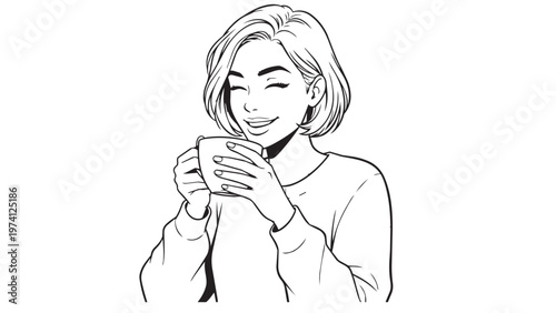 A black white monochrome line art young woman drinking a hot cup of coffee or tea