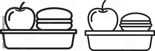 Lunch box icons silhouette with apple and sandwich, healthy meal container.
