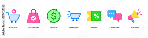 E-Commerce Essentials web banner icon vector illustration featuring Add to Cart, Shopping Bag, Cash Flow, Shopping Cart, Coupon, Conversation, and Marketing.