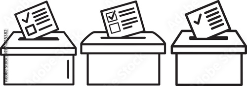 Set of outline icons representing voting and elections with ballot boxes and check marks.