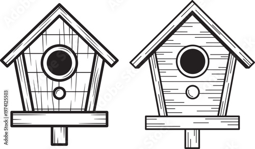Pair of outline icons of wooden birdhouses with circular entrance holes on posts.