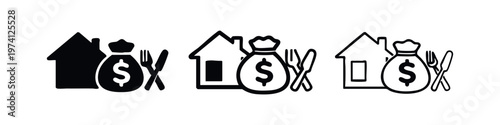 Cost of Living Icons - House, Money Bag, and Cutlery in Different Styles