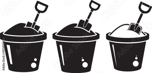 Sand bucket with shovel icon, beach toy for playing in sand, outdoor fun.