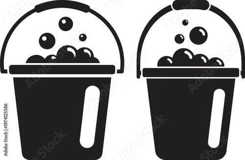 Bucket with bubbles icon, cleaning or washing concept, soapy water graphic.