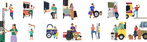 Set of diverse characters enjoying fast food hamburgers outdoors near food trucks and kiosks, flat design isolated on white