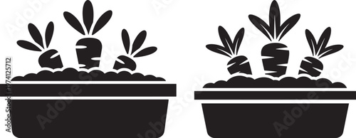 Silhouette icon set of carrots growing in a planter box.