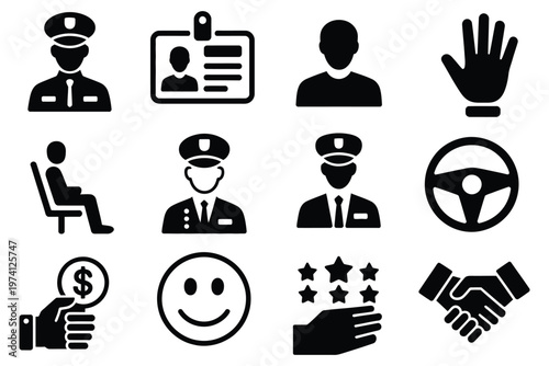 Taxi Ride Icons, solid style icons of passenger and driver roles, taxi driver icon, driver ID badge, passenger icon