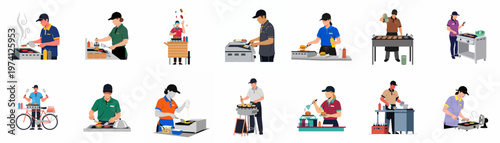 Collection of fast food cooks and chefs preparing burgers at various indoor and outdoor grill stations, food carts, and mobile stalls.
