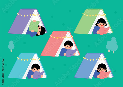 책 텐트 속에서 독서, 책 읽기 하는 사람들