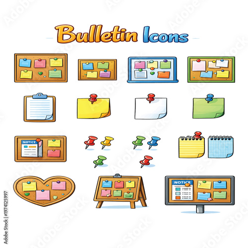 Bulletin Icons Set, Notice Board and Announcement Symbols Collection, Information Posting Line Icons, Communication Vector Pack