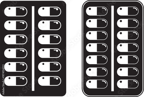 Two black silhouette medicine blister packs with capsules, isolated on white background.