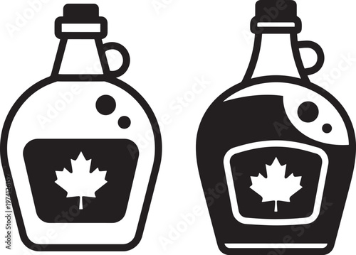 Two black silhouette maple syrup bottles with maple leaf logo, isolated on white.