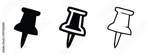 Pushpin thumbtack icon set in filled, bold outline, and thin outline styles for office and notes.