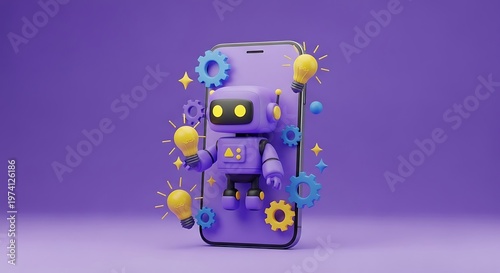 Purple robot emerging from smartphone with gears and lightbulbs