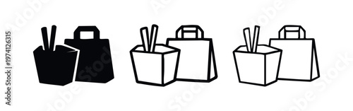 Asian food takeaway icon set with bag and noodle box with chopsticks for delivery.