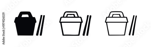 Takeaway noodle box with chopsticks icon set in filled, bold, and thin outline styles.