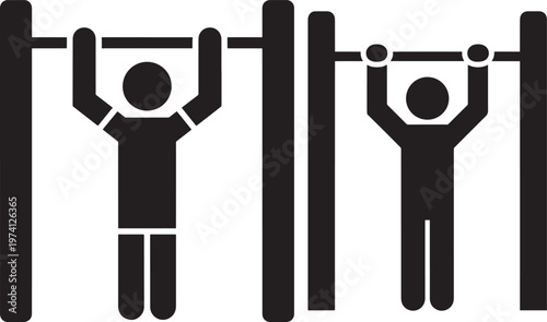Two silhouette icons of people exercising on pull up bars, fitness and sport concept.