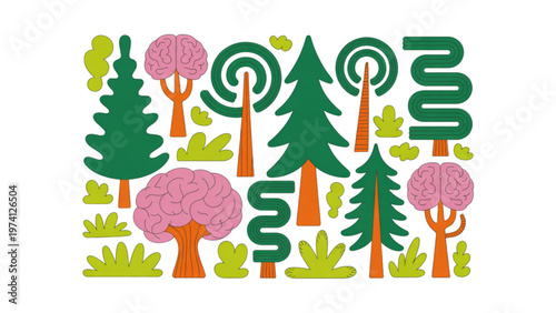 Colorful illustration of diverse trees and plants in a natural setting Vector