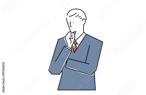ビジネスシーンで腕を組み考え込むスーツ姿の男性の線画イラスト