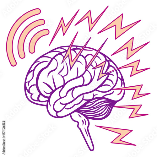 Human brain experiencing intense activity with lightning bolts. concept of migraine, headache, brain stimulation, stress.