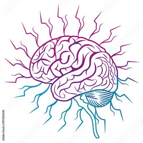Human brain illustration with abstract branches emanating from cerebrum and cerebellum, in purple and teal gradient colors.