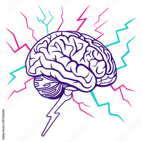 Outline of human brain with purple and teal lightning strikes emanating from it on white background symbolizing intense thought and mental activity.